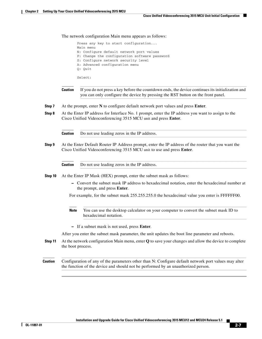 Cisco Systems MCU24 manual Network configuration Main menu appears as follows 