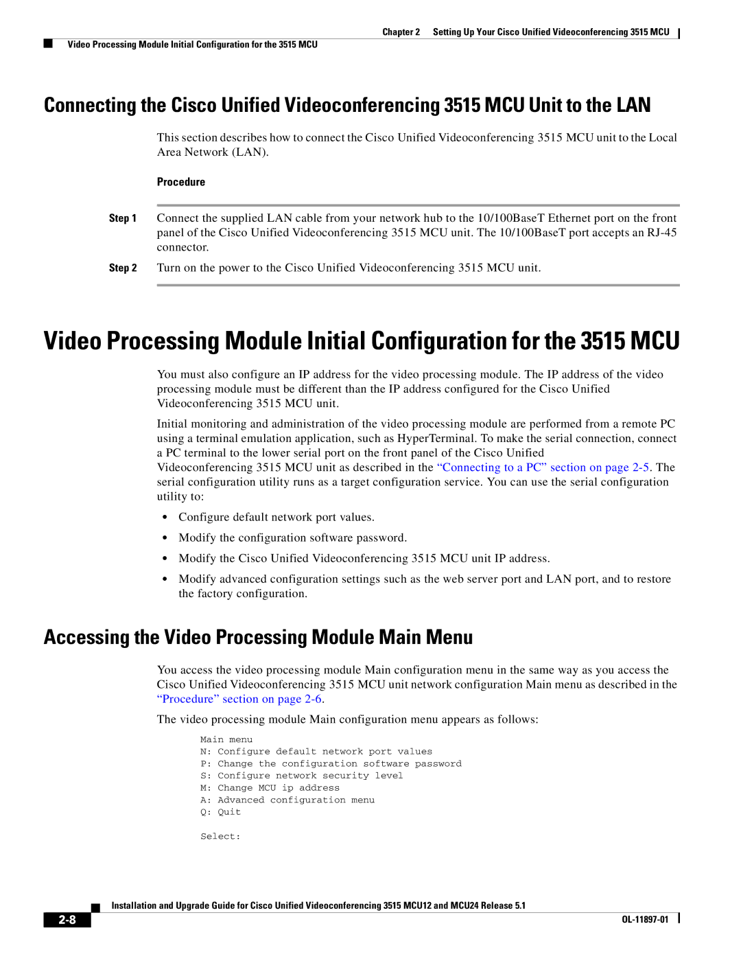 Cisco Systems MCU24 manual Accessing the Video Processing Module Main Menu 