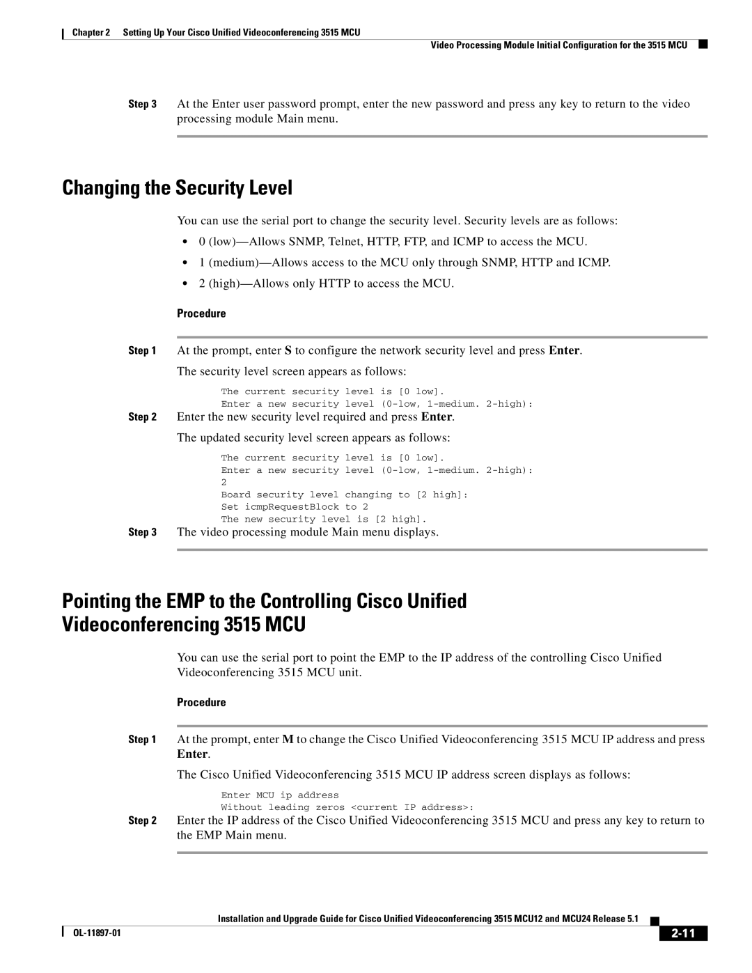 Cisco Systems MCU24 manual Changing the Security Level 