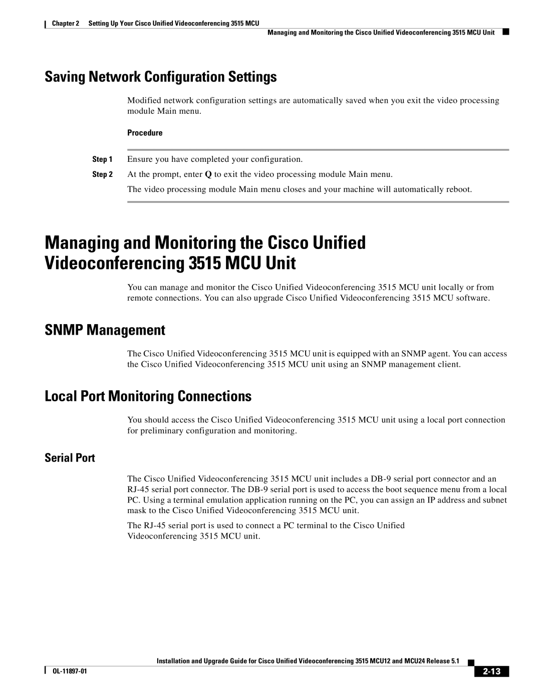 Cisco Systems MCU24 manual Saving Network Configuration Settings, Snmp Management, Local Port Monitoring Connections 