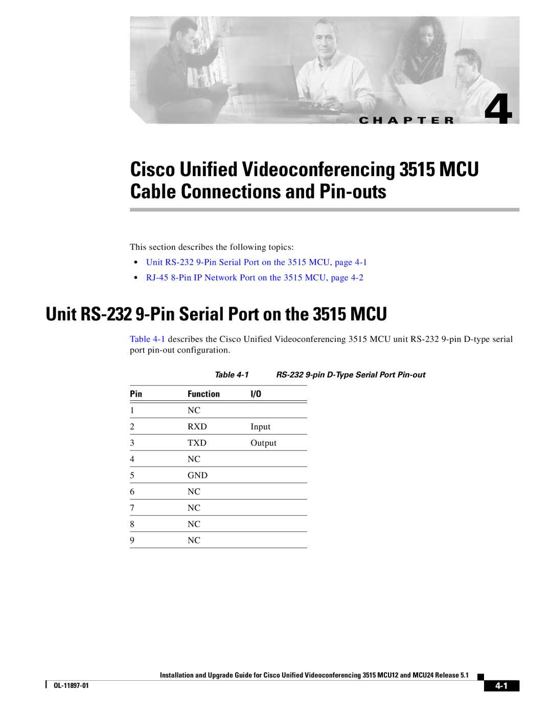 Cisco Systems MCU24 manual Unit RS-232 9-Pin Serial Port on the 3515 MCU, Pin Function 