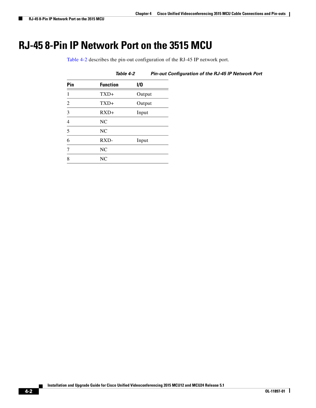 Cisco Systems MCU24 manual RJ-45 8-Pin IP Network Port on the 3515 MCU 