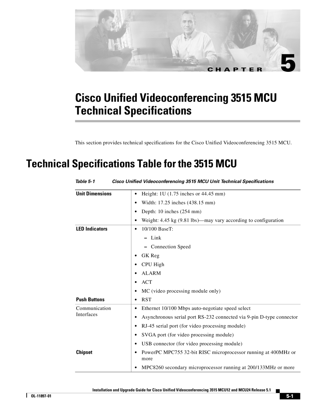 Cisco Systems MCU24 manual Technical Specifications Table for the 3515 MCU, LED Indicators, Push Buttons, Chipset 