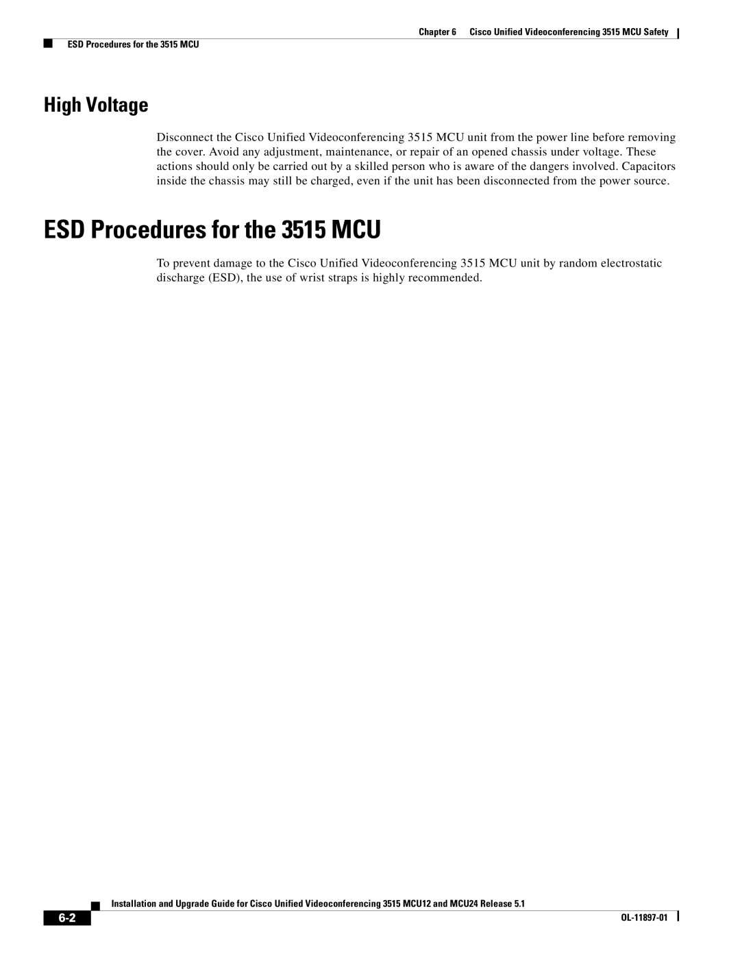 Cisco Systems MCU24 manual ESD Procedures for the 3515 MCU, High Voltage 