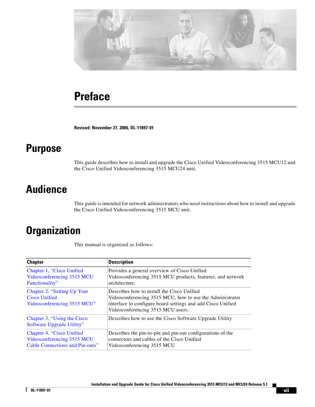 Cisco Systems MCU24 manual Purpose, Audience, Organization, Chapter Description, Vii 