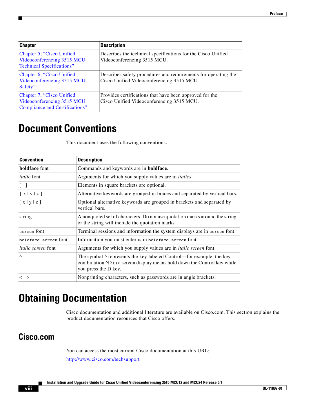 Cisco Systems MCU24 manual Document Conventions, Obtaining Documentation, Cisco.com, Convention Description, Viii 