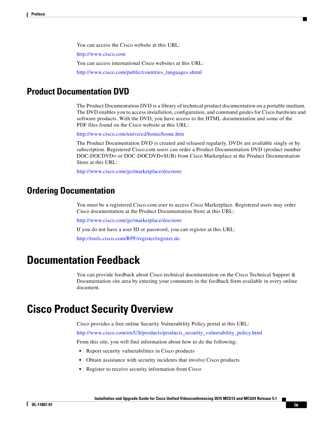 Cisco Systems MCU24 manual Documentation Feedback, Cisco Product Security Overview 