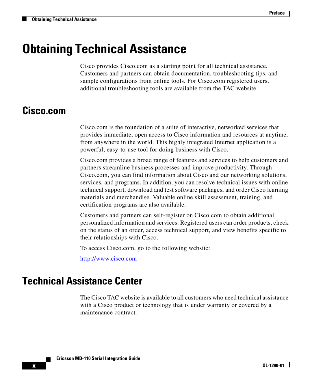 Cisco Systems MD-110 manual Obtaining Technical Assistance, Cisco.com, Technical Assistance Center 