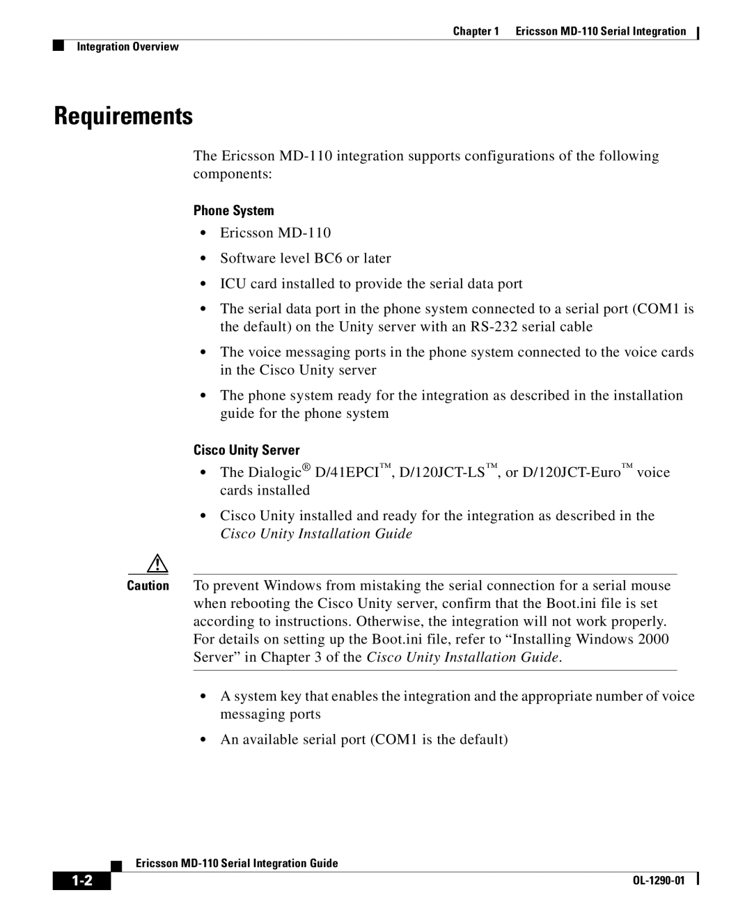 Cisco Systems MD-110 manual Requirements, Phone System, Cisco Unity Server 