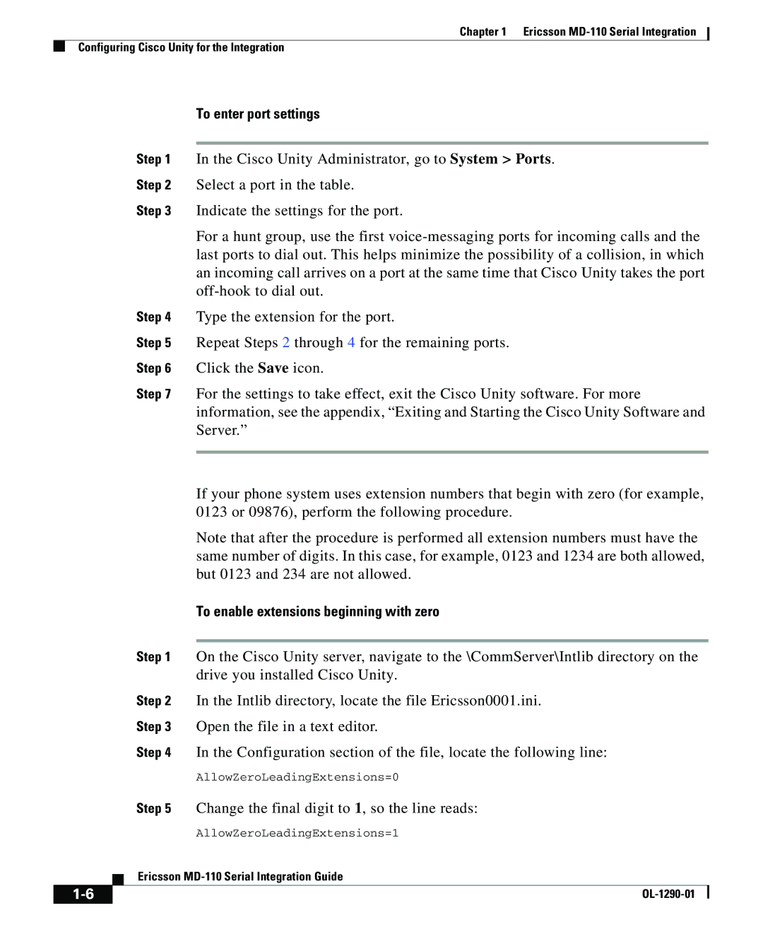 Cisco Systems MD-110 manual To enter port settings, To enable extensions beginning with zero 