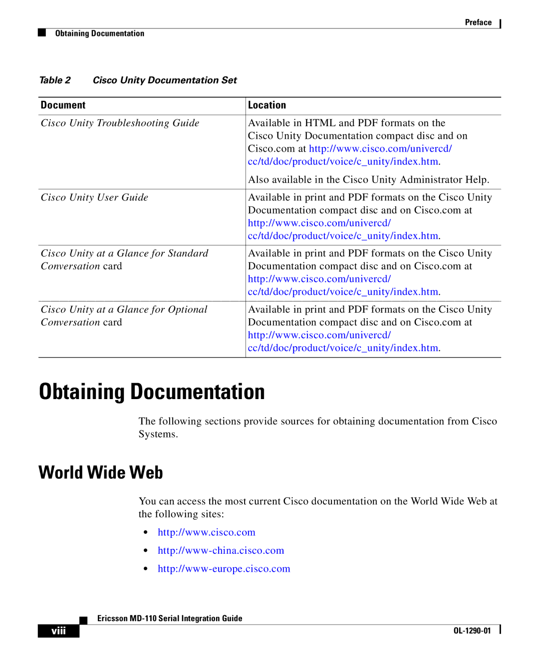 Cisco Systems MD-110 manual Obtaining Documentation, World Wide Web 