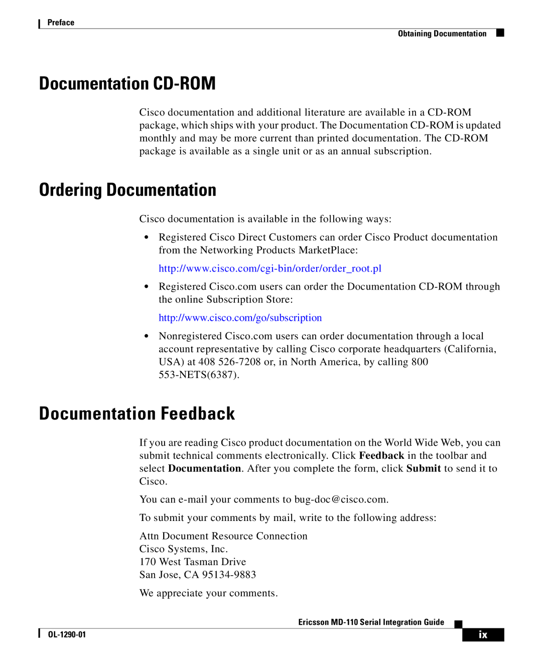 Cisco Systems MD-110 manual Documentation CD-ROM, Ordering Documentation, Documentation Feedback 