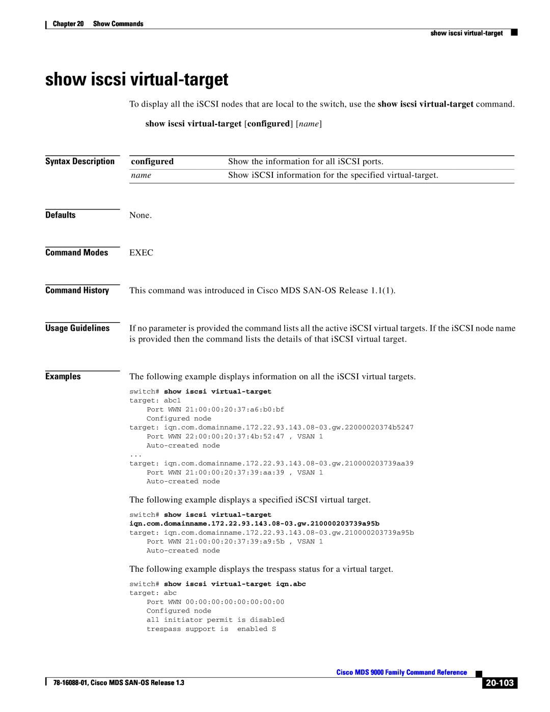 Cisco Systems MDS 9000 manual show iscsi virtual-target configured name, 20-103, Usage Guidelines Examples 