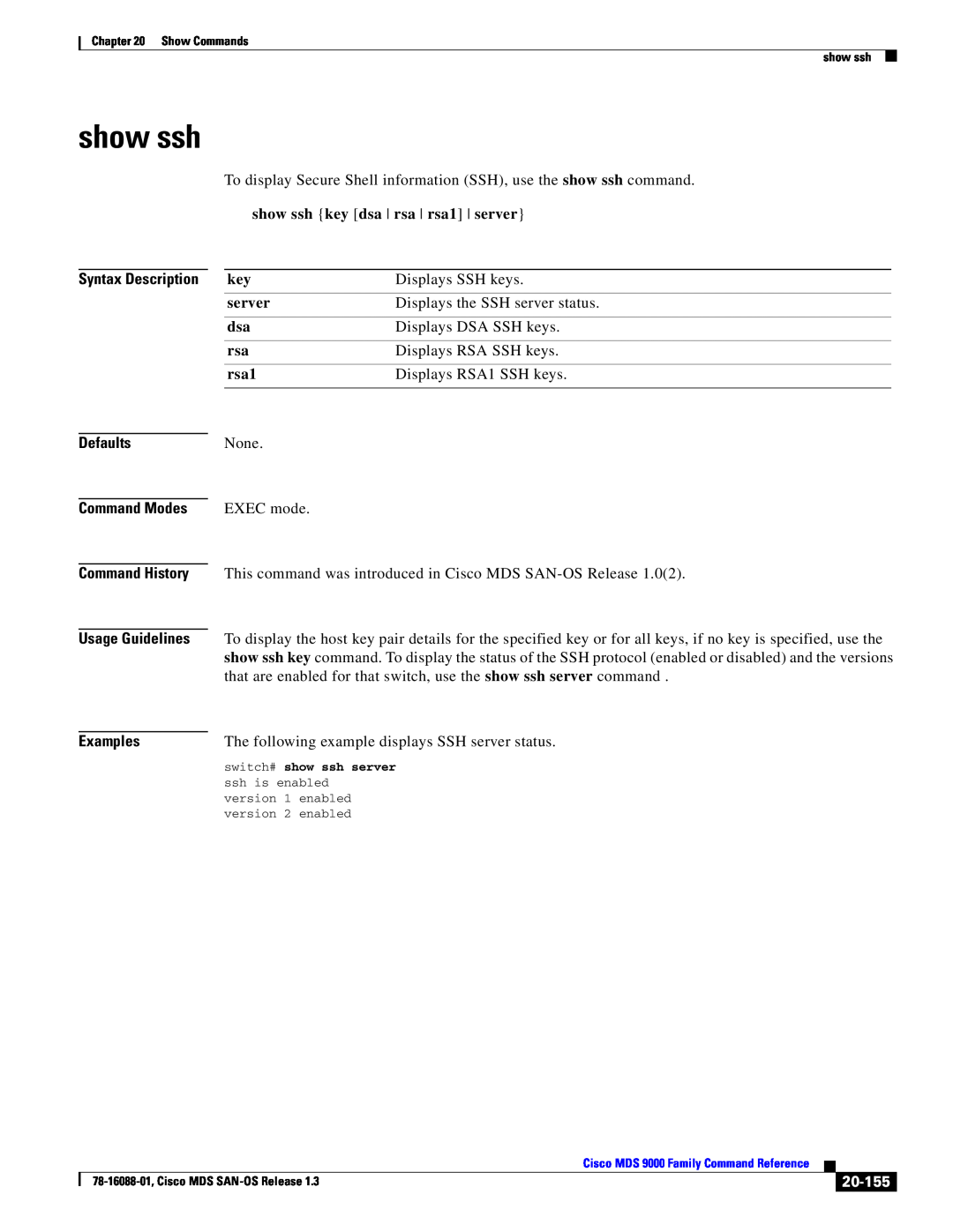 Cisco Systems MDS 9000 manual show ssh key dsa rsa rsa1 server, 20-155, Usage Guidelines Examples 