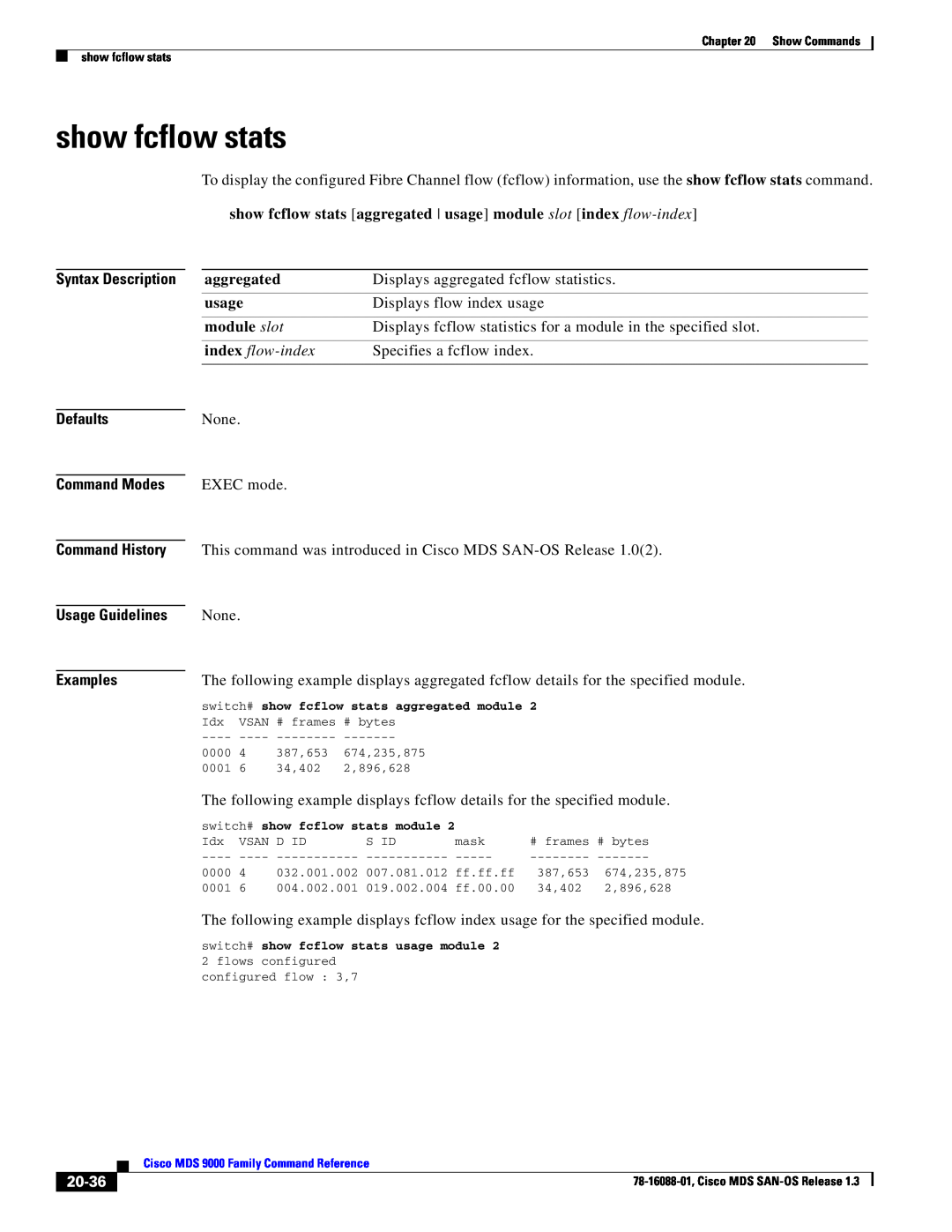 Cisco Systems MDS 9000 show fcflow stats aggregated usage module slot index flow-index, 20-36, Defaults, Command Modes 