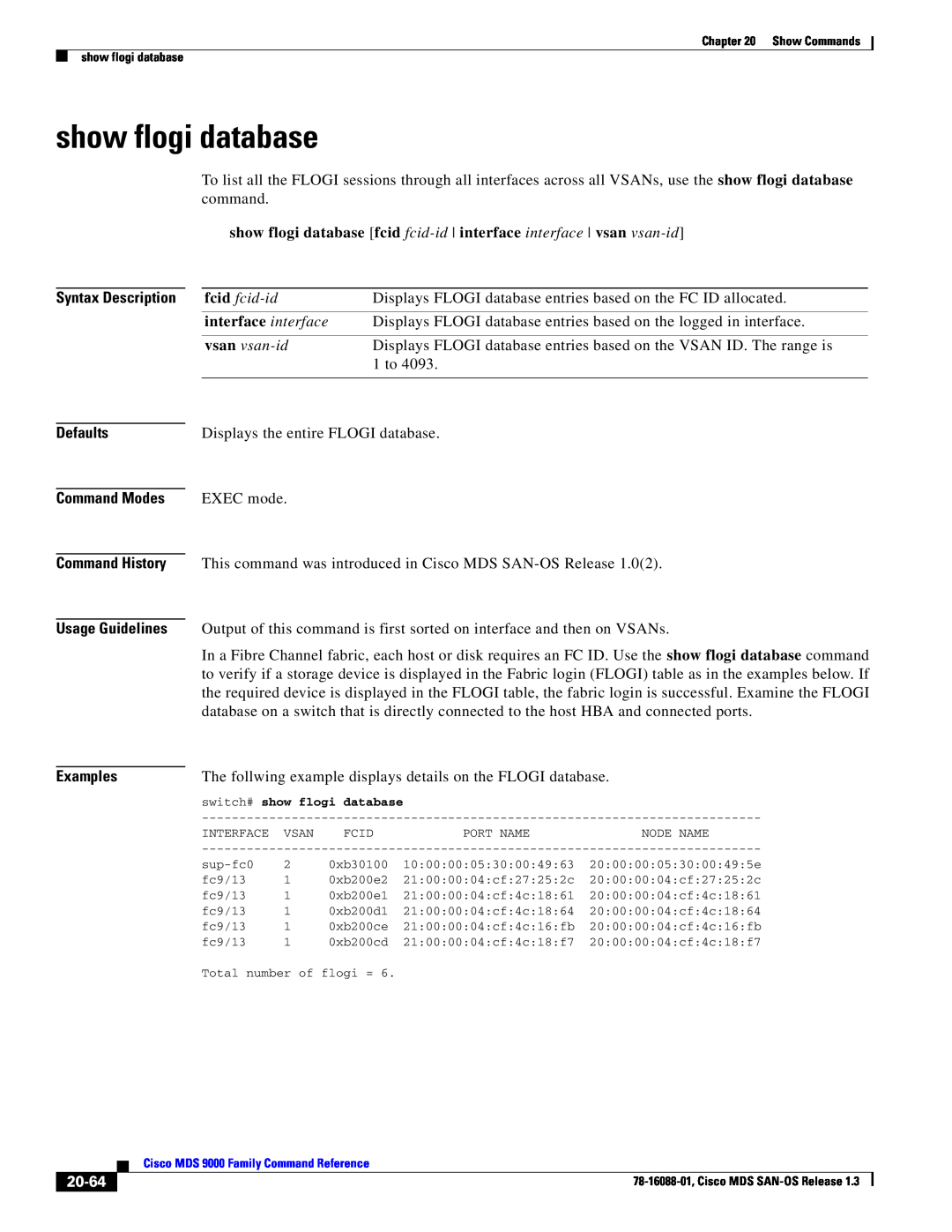 Cisco Systems MDS 9000 show flogi database fcid fcid-id interface interface vsan vsan-id, Syntax Description, 1 to 