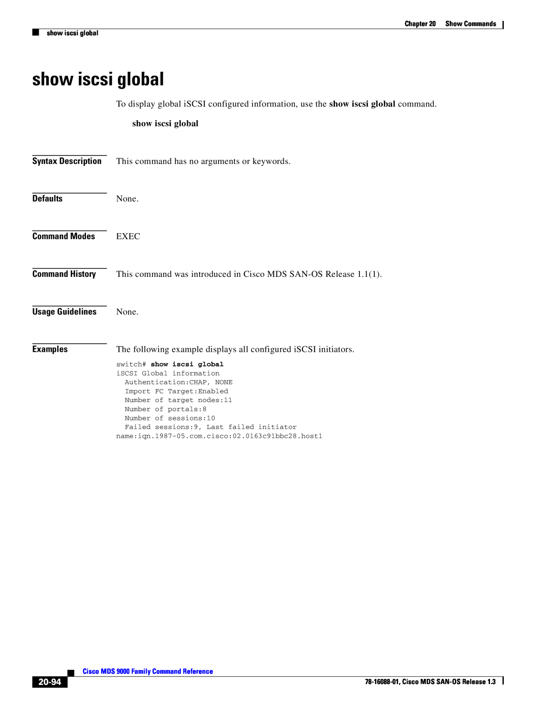 Cisco Systems MDS 9000 manual show iscsi global, 20-94, Defaults, Command Modes, Usage Guidelines, Examples 