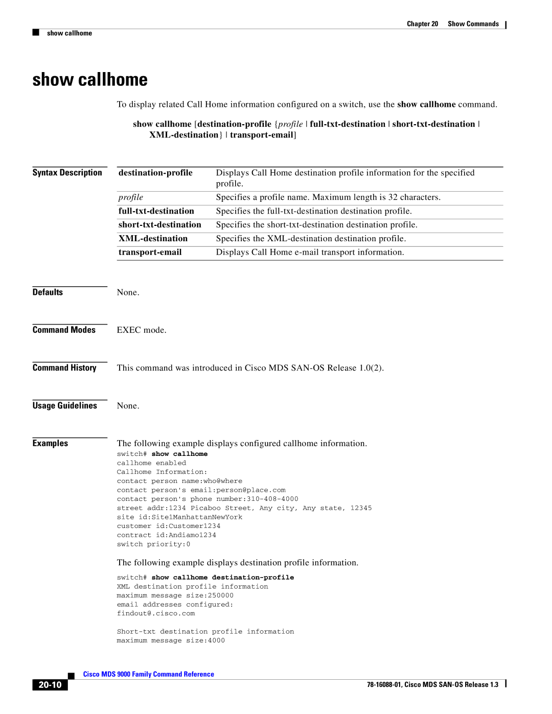 Cisco Systems MDS 9000 manual Show callhome, 20-10 