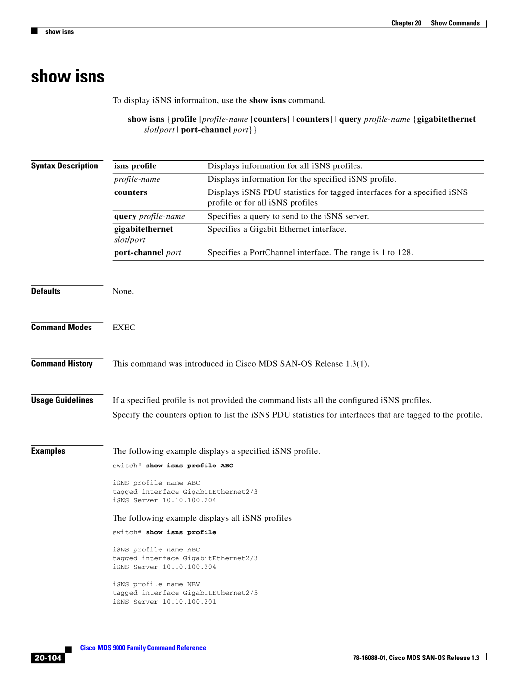 Cisco Systems MDS 9000 manual Show isns, Isns profile, 20-104 