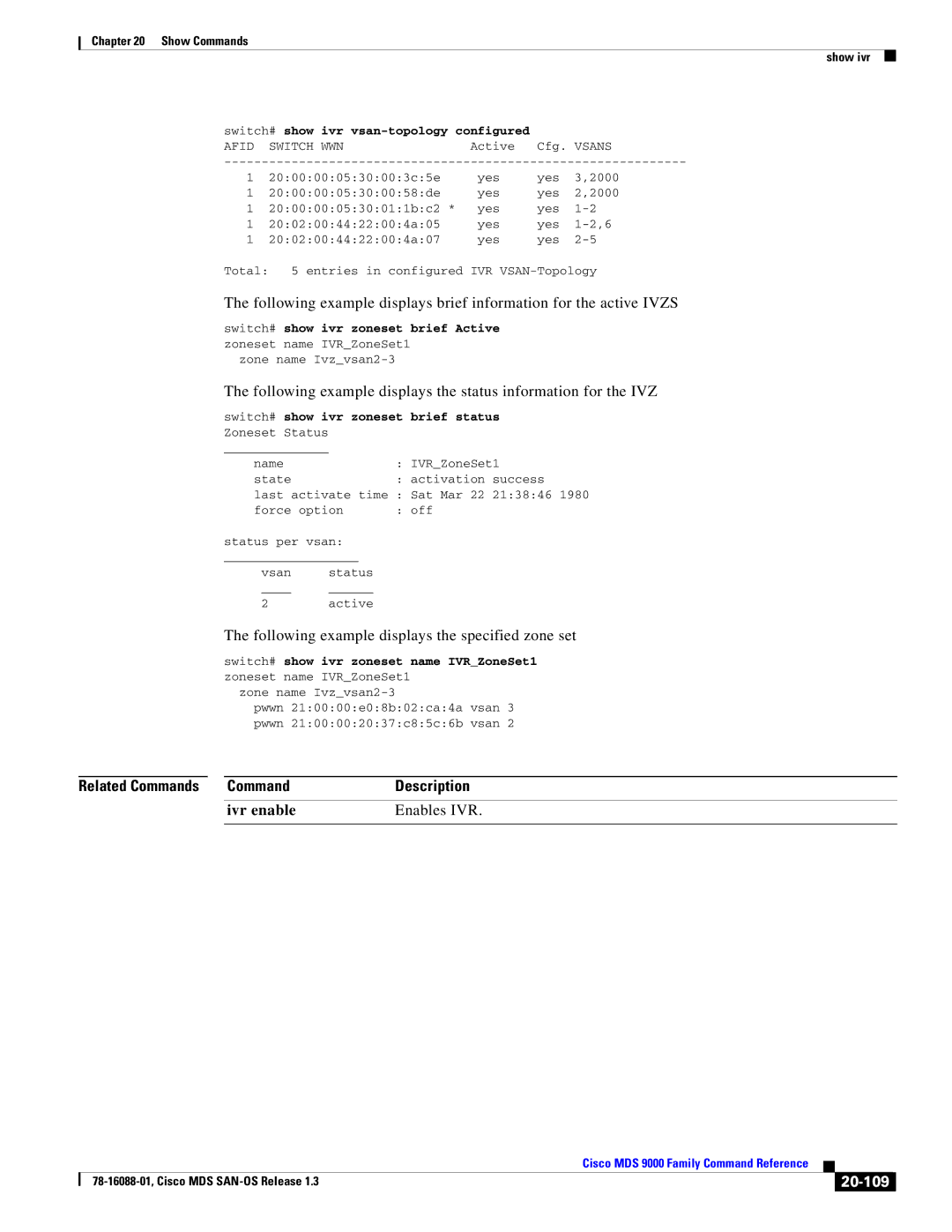 Cisco Systems MDS 9000 manual Following example displays the specified zone set, Ivr enable, Enables IVR, 20-109 