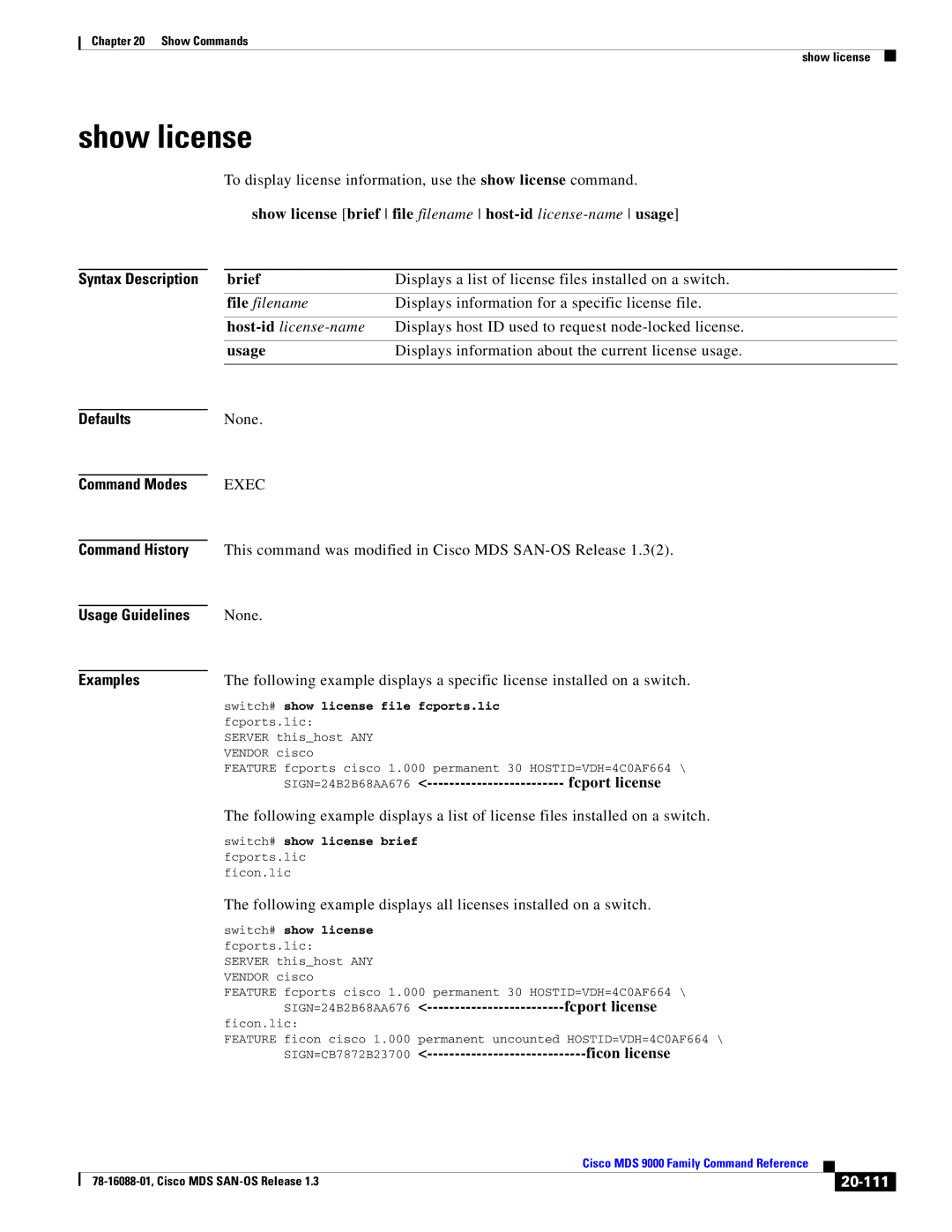 Cisco Systems MDS 9000 manual Show license, 20-111 