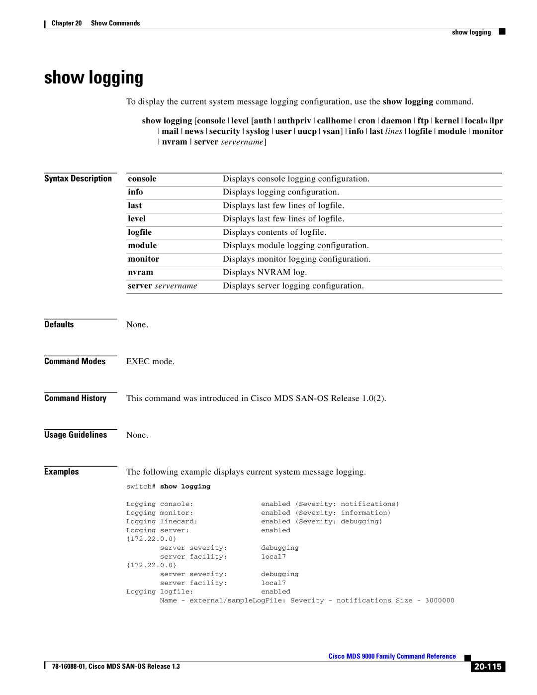 Cisco Systems MDS 9000 manual Show logging, 20-115 