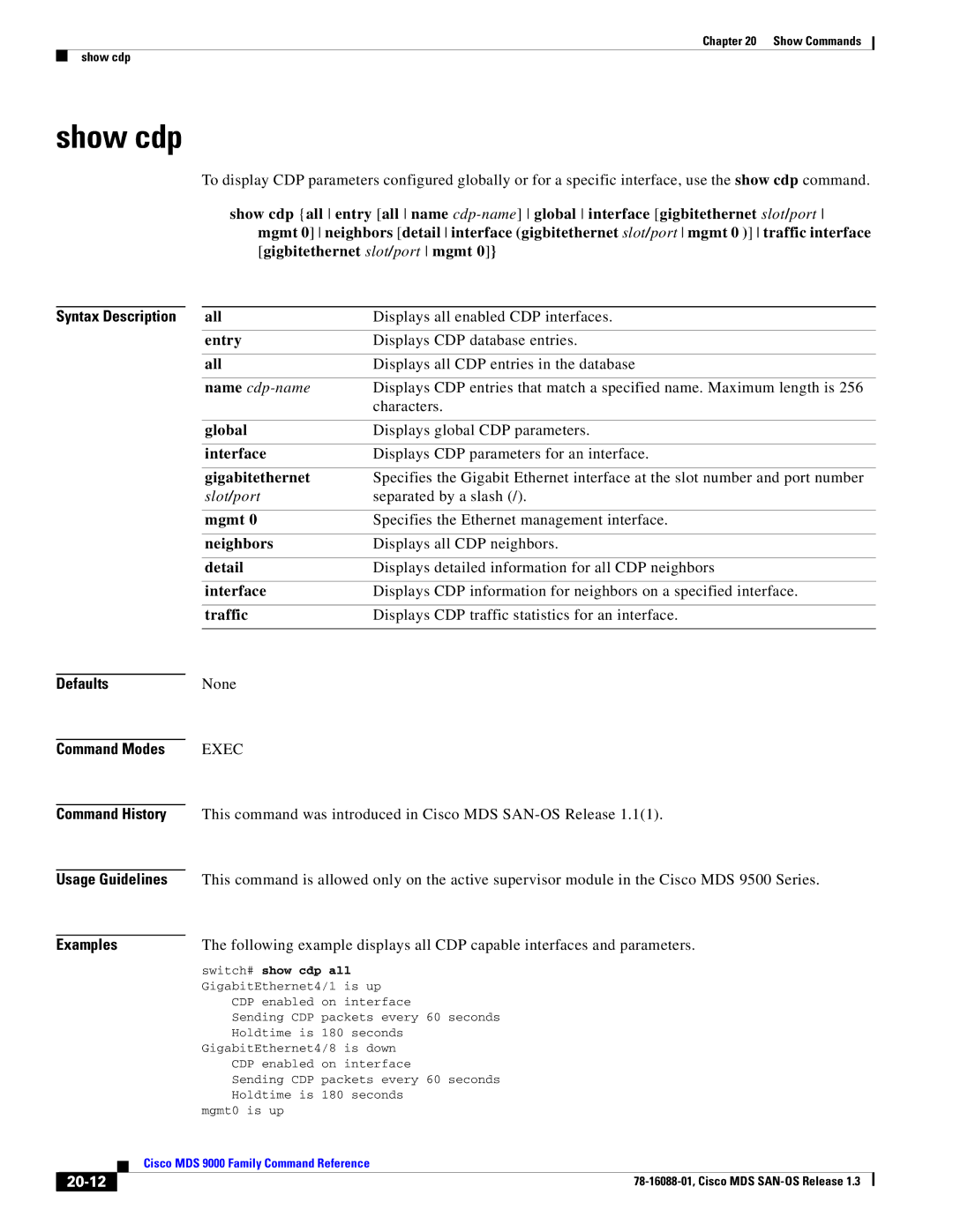 Cisco Systems MDS 9000 manual Show cdp, 20-12 