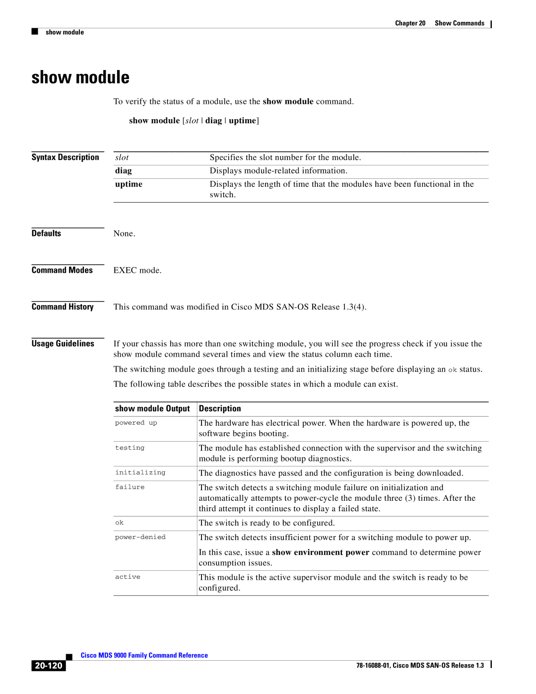 Cisco Systems MDS 9000 manual Show module slot diag uptime, Diag, Uptime, 20-120 