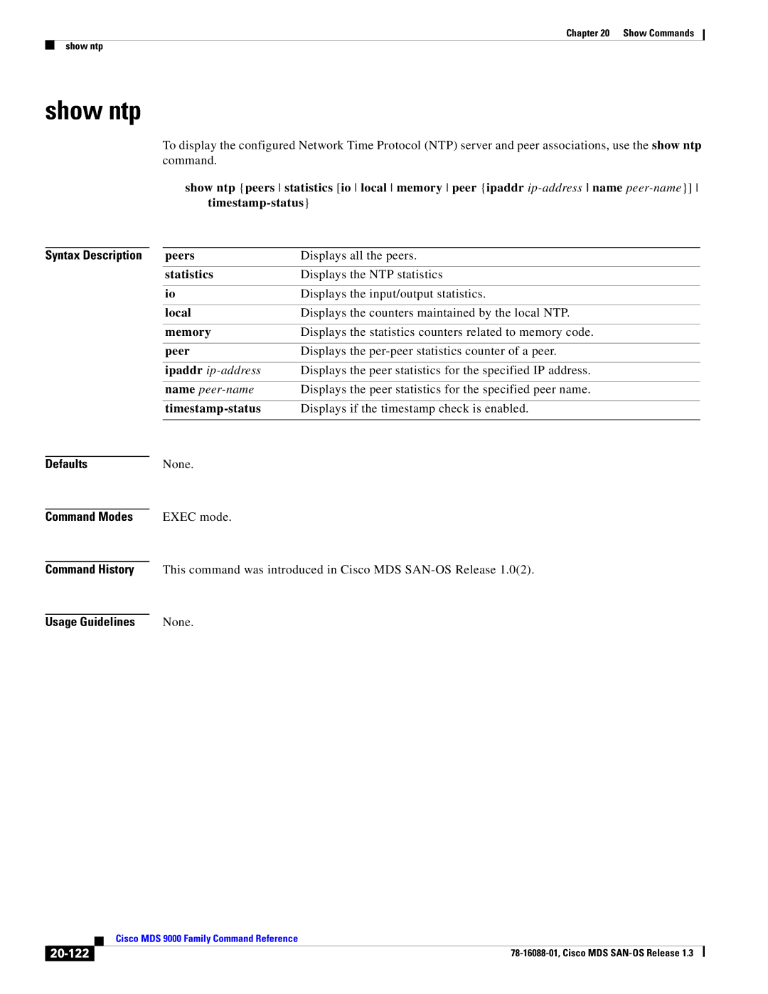 Cisco Systems MDS 9000 manual Show ntp, 20-122 