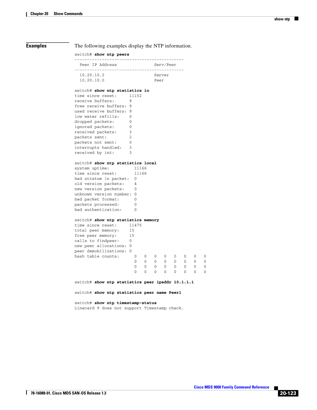 Cisco Systems MDS 9000 manual Following examples display the NTP information, 20-123 