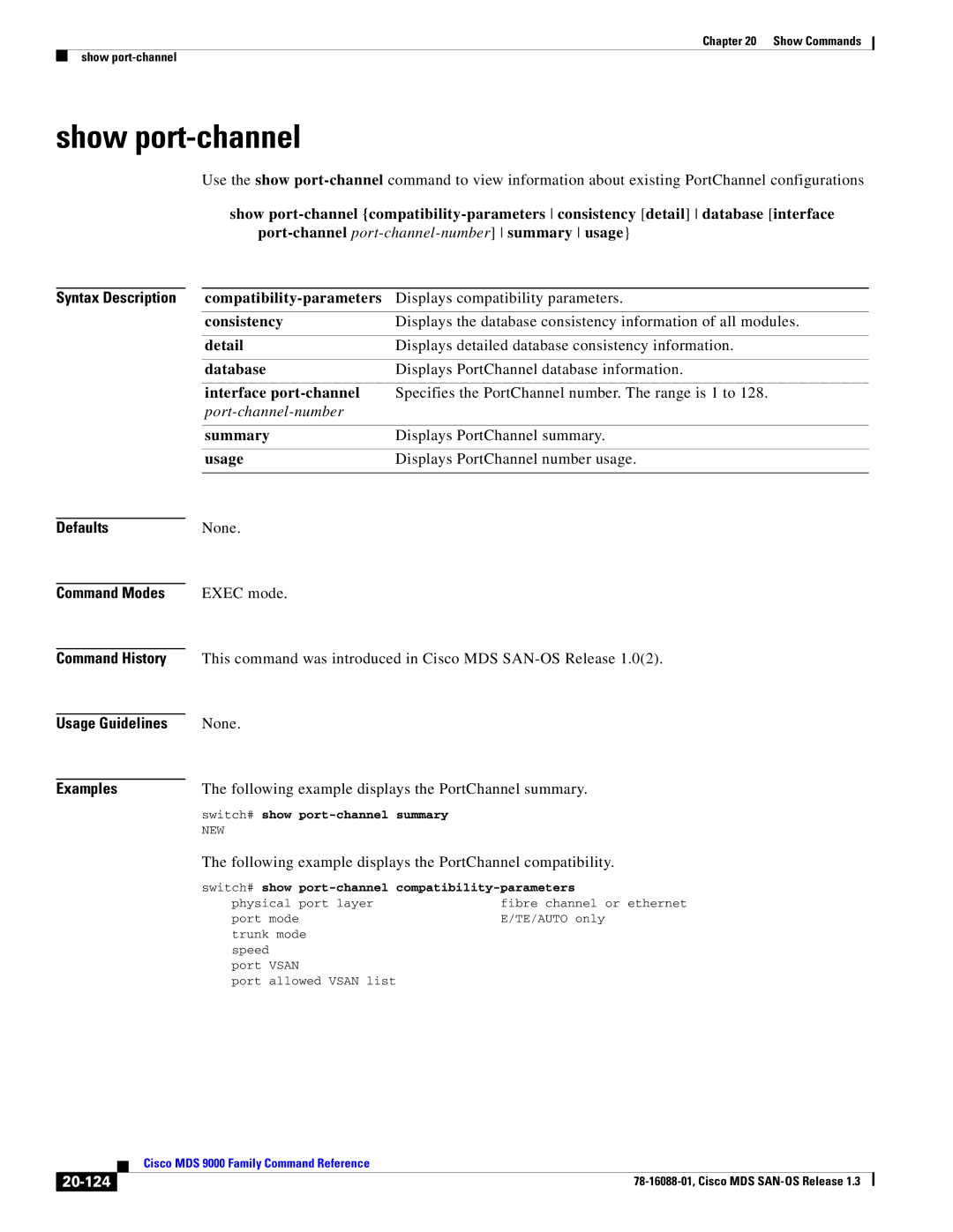 Cisco Systems MDS 9000 manual Show port-channel, Compatibility-parameters, Consistency, Interface port-channel, 20-124 