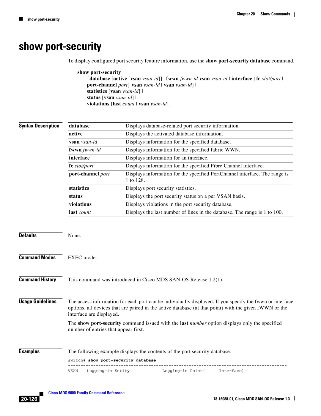 Cisco Systems MDS 9000 manual Show port-security, Last count, 20-126 