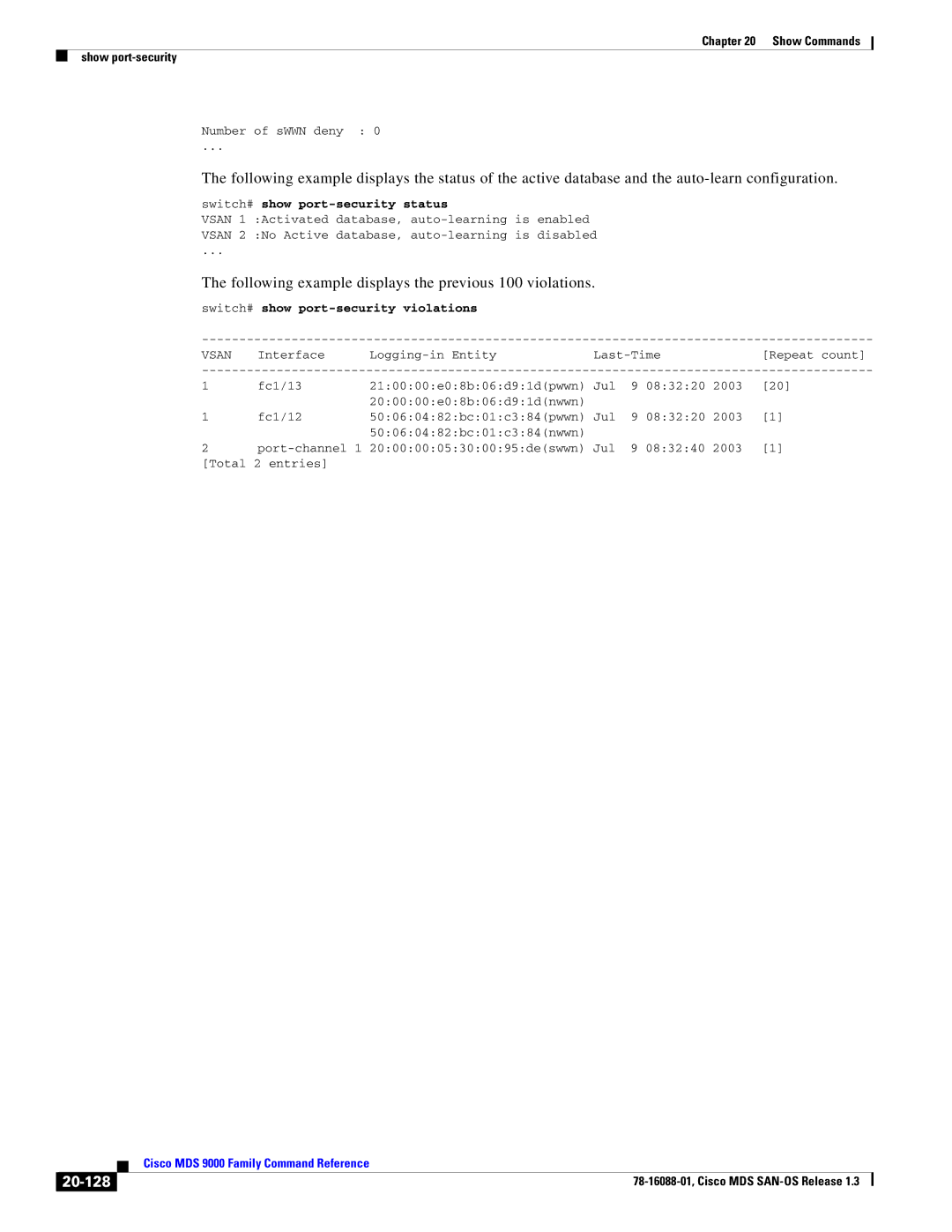 Cisco Systems MDS 9000 manual 20-128, Number of sWWN deny, Switch# show port-security status, Jul 9 083220 2003 