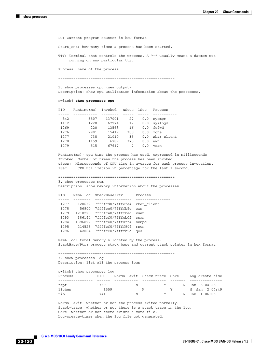 Cisco Systems MDS 9000 manual 20-130, Switch# show processes cpu 