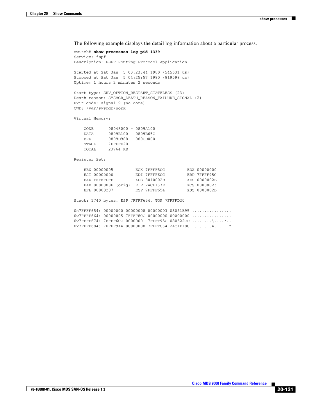 Cisco Systems MDS 9000 manual 20-131, Switch# show processes log pid 1339 Service fspf 