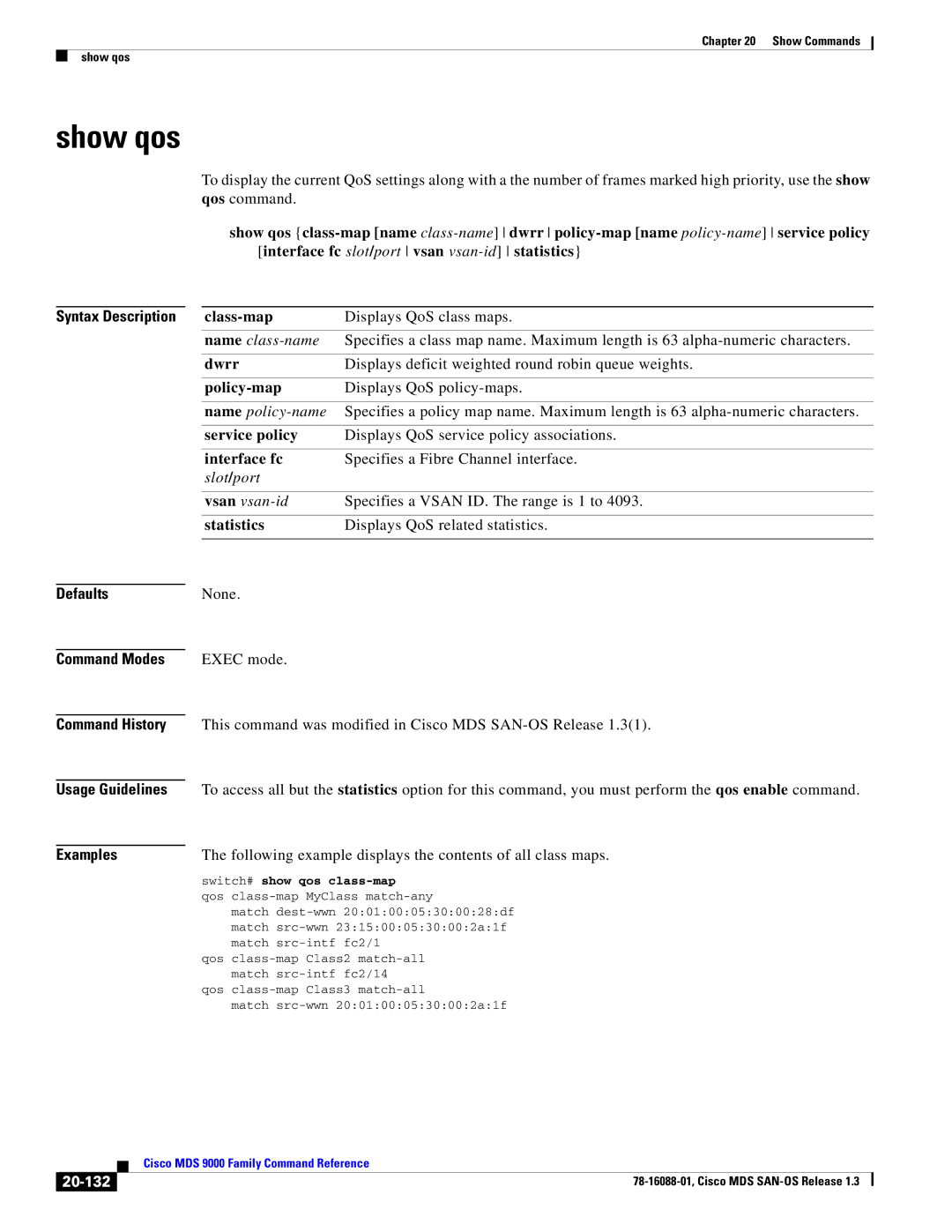 Cisco Systems MDS 9000 manual Show qos, 20-132 