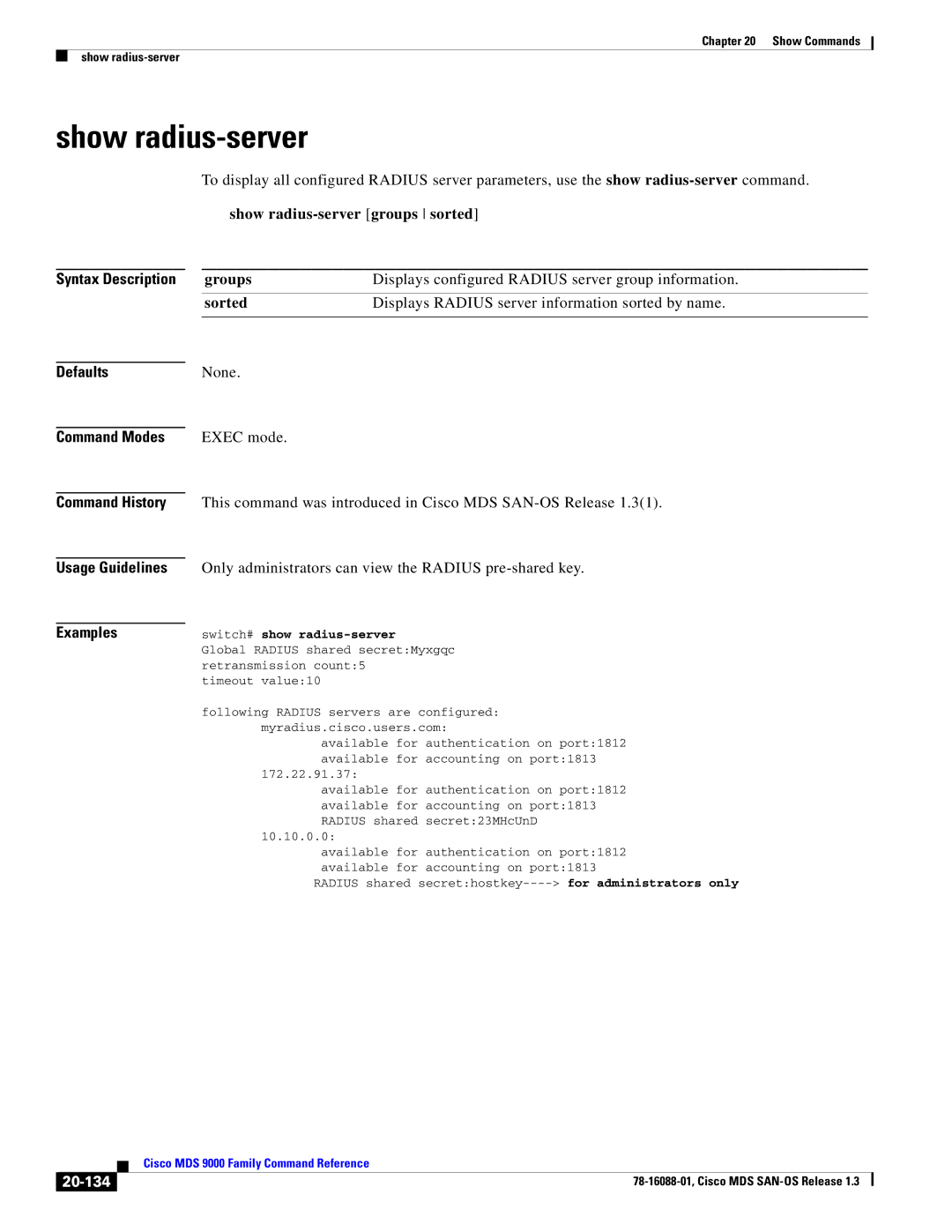 Cisco Systems MDS 9000 manual Show radius-server groups sorted, 20-134, Switch# show radius-server 