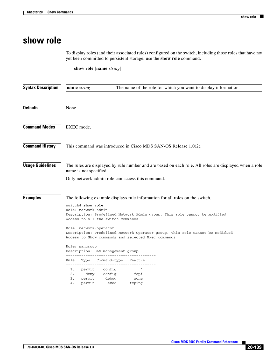 Cisco Systems MDS 9000 manual Show role name string, 20-139, Switch# show role 