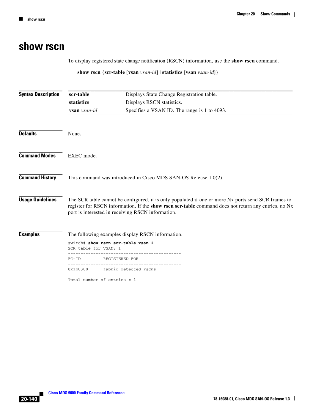 Cisco Systems MDS 9000 manual Show rscn scr-table vsan vsan-id statistics vsan vsan-id, Scr-table, 20-140 