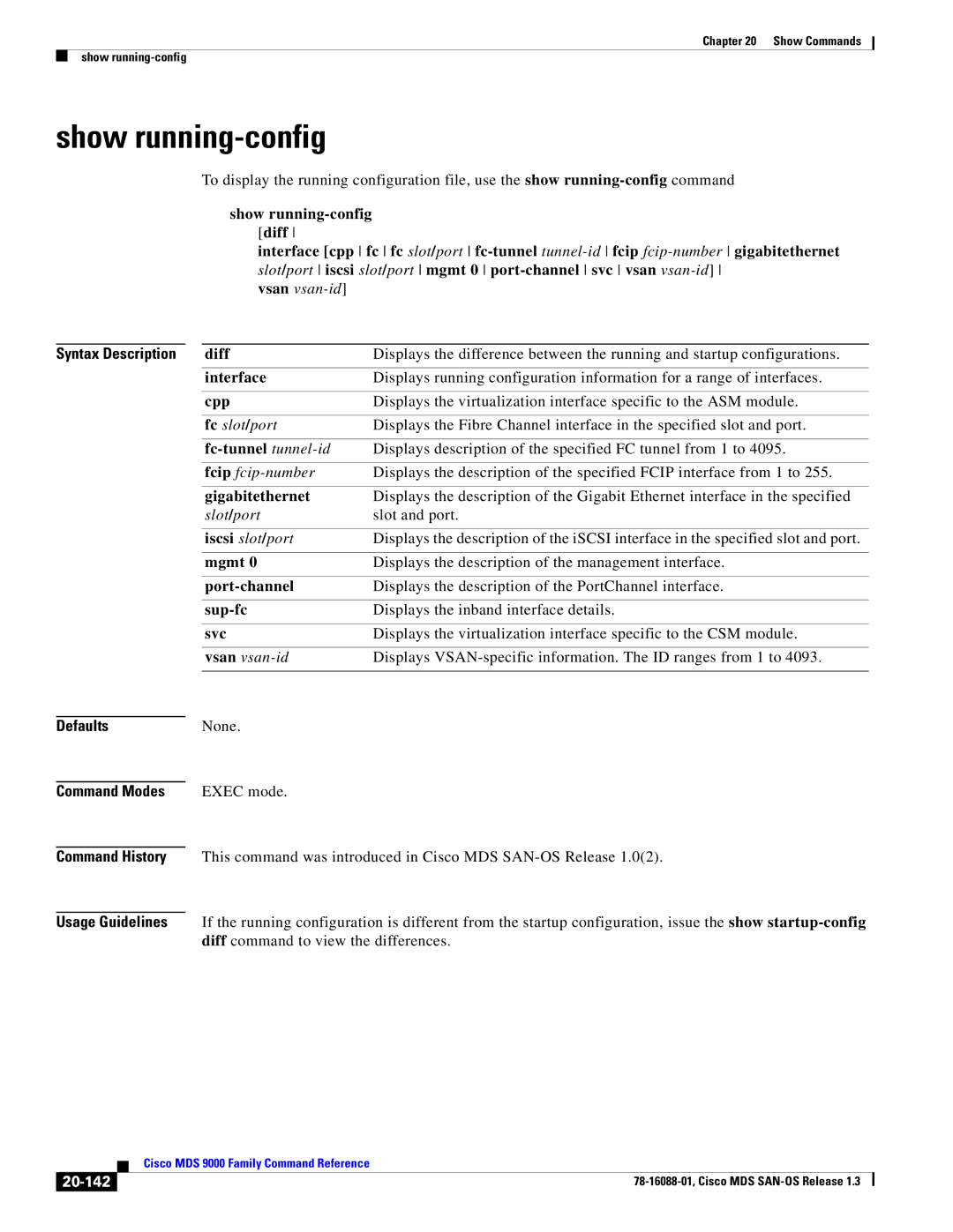 Cisco Systems MDS 9000 manual Show running-config, 20-142 