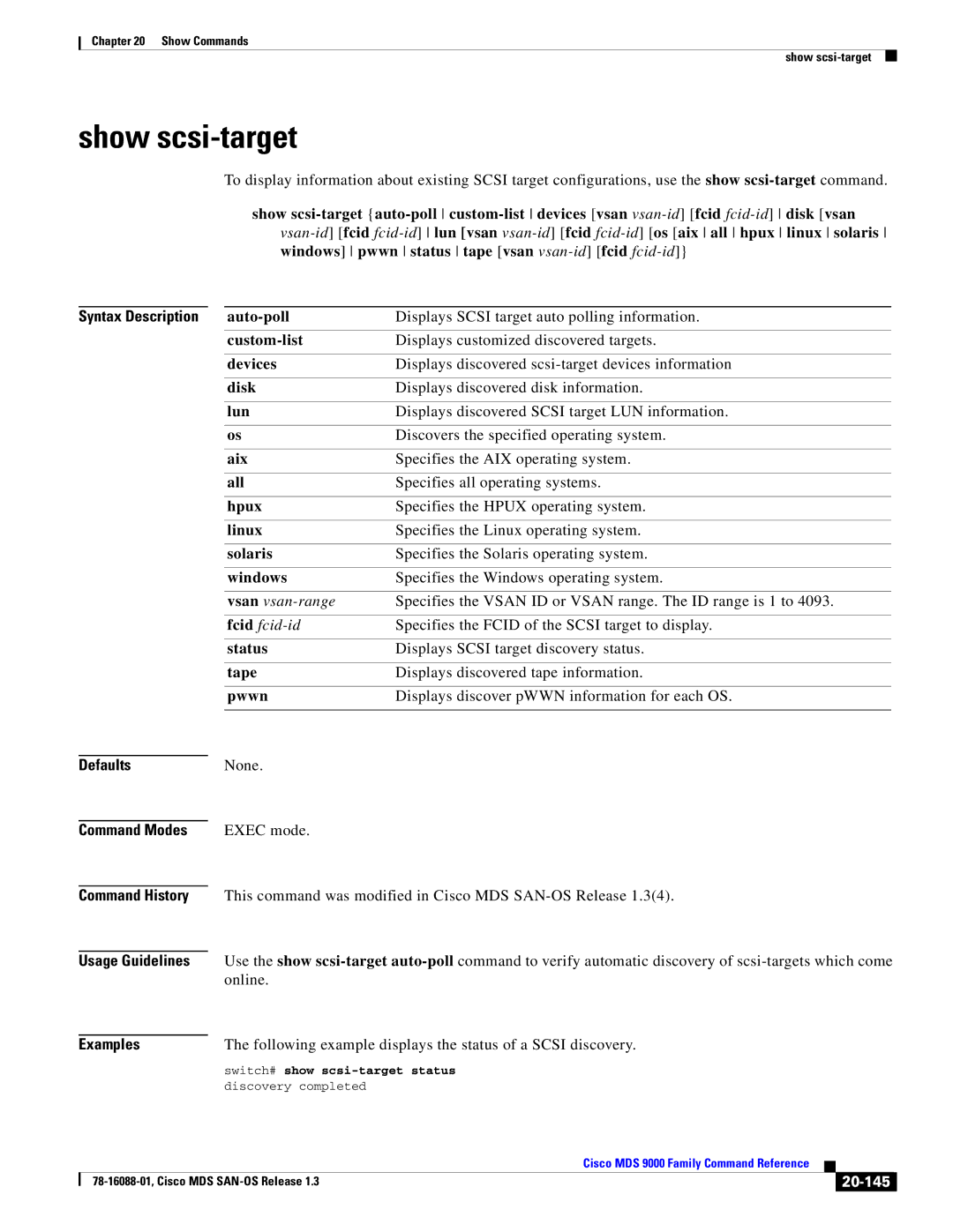 Cisco Systems MDS 9000 manual Show scsi-target, 20-145 