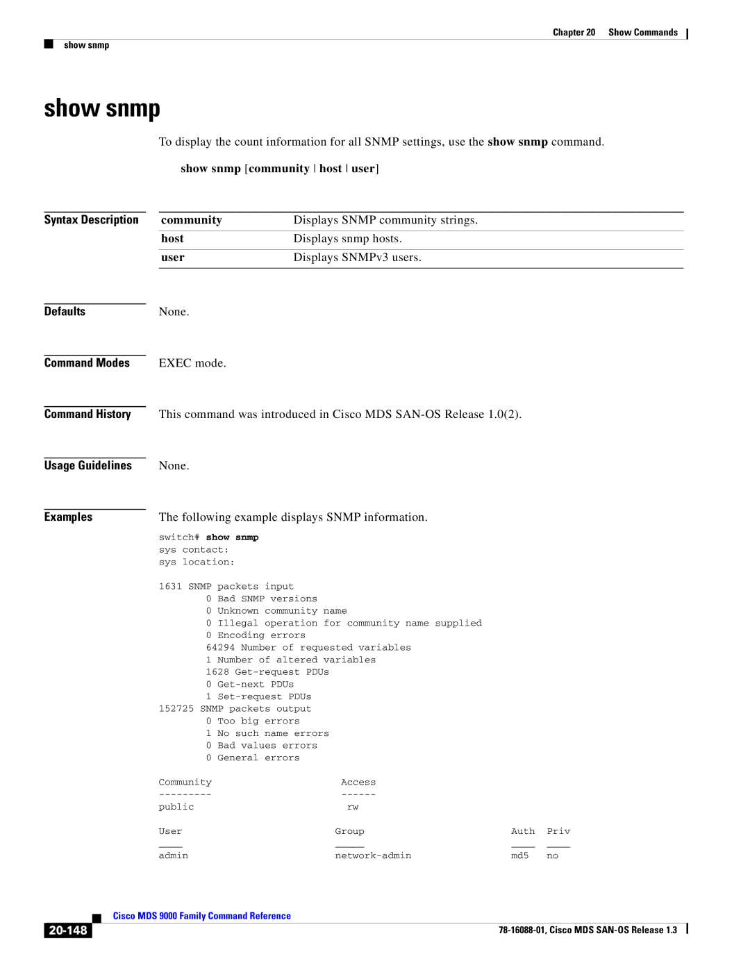 Cisco Systems MDS 9000 manual Show snmp, 20-148 