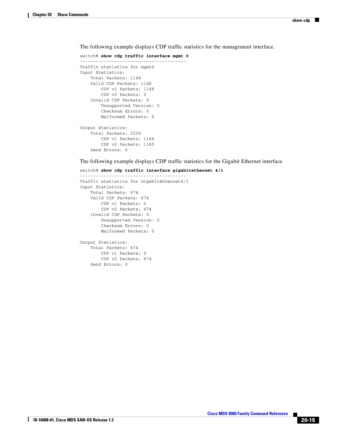 Cisco Systems MDS 9000 manual 20-15, Switch# show cdp traffic interface mgmt 