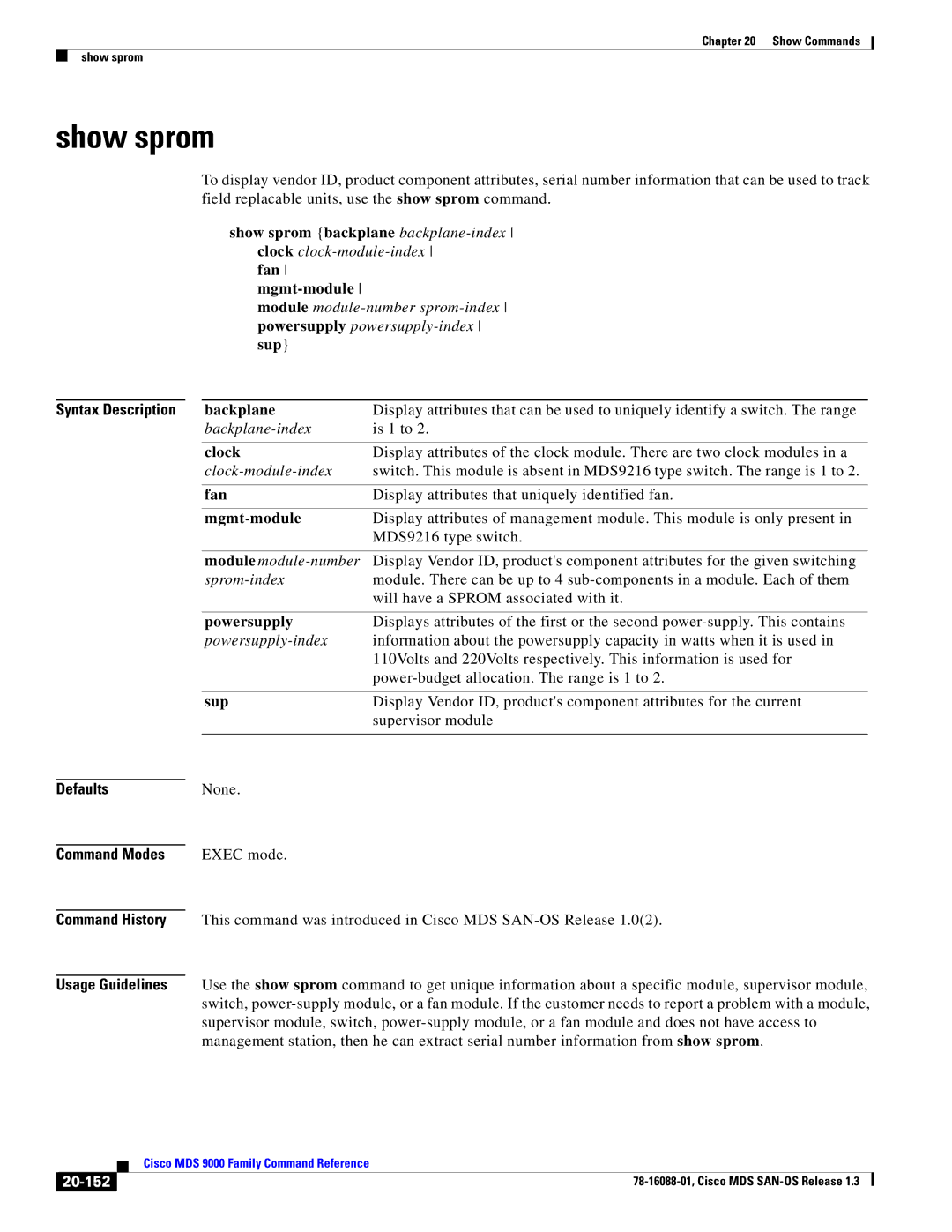 Cisco Systems MDS 9000 manual Show sprom, 20-152 