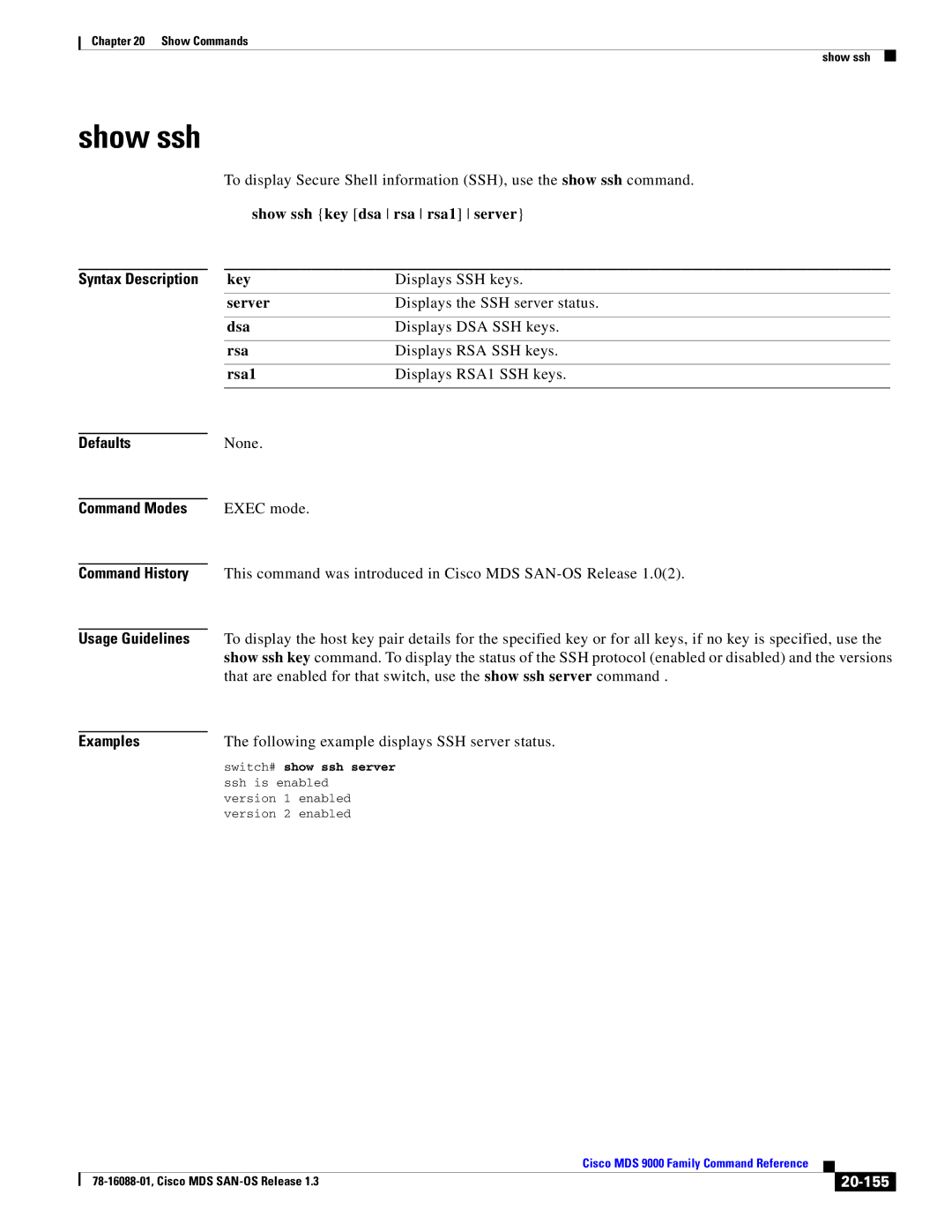 Cisco Systems MDS 9000 manual Show ssh, 20-155 