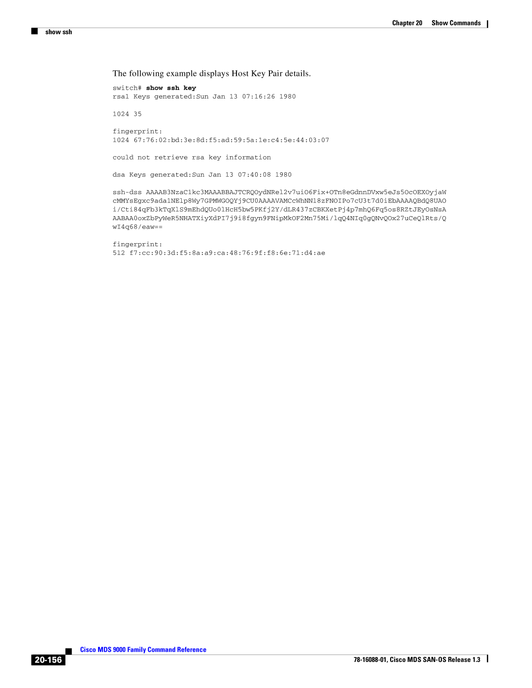 Cisco Systems MDS 9000 manual Following example displays Host Key Pair details, 20-156, Switch# show ssh key 