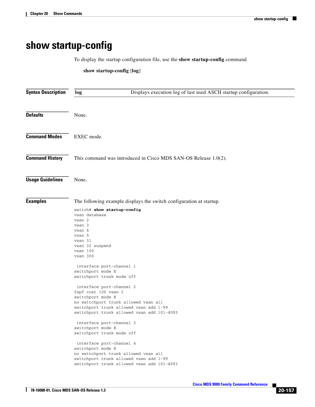 Cisco Systems MDS 9000 manual Show startup-config, 20-157 