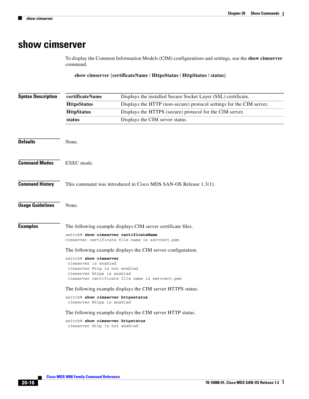 Cisco Systems MDS 9000 manual Show cimserver, 20-16 