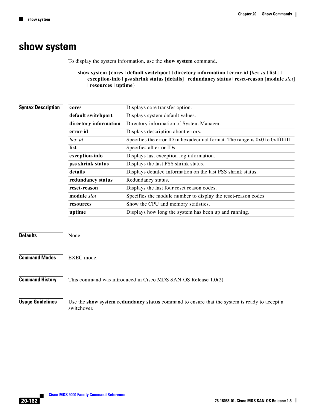 Cisco Systems MDS 9000 manual Show system, 20-162 