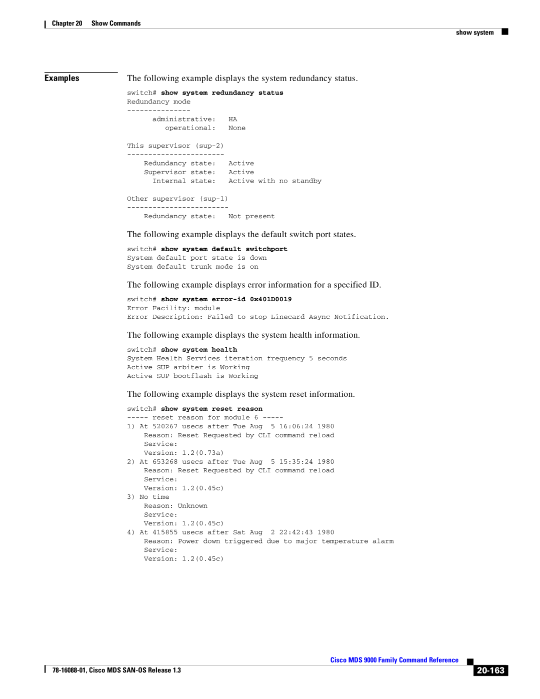 Cisco Systems MDS 9000 manual Following example displays the system redundancy status, 20-163 